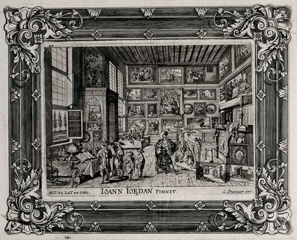 The interior of a gallery hung with paintings and with tables laden with sculpture and curiosities. Etching by A.J. von Prenner after H. Jordaens III.
