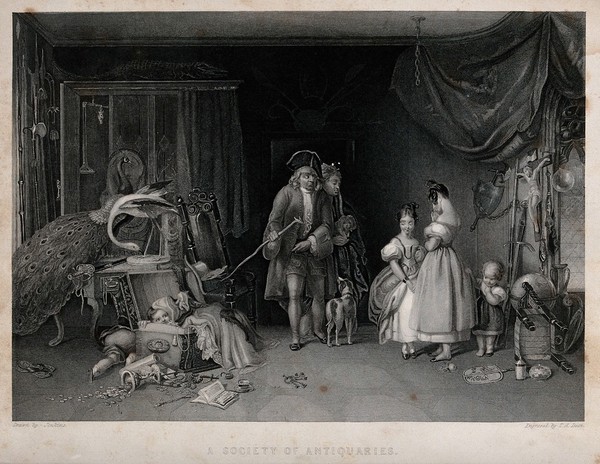 Two young children hide as two adults come into the room where the children have been playing with their precious antiques. Engraving by T.A. Dean after J. Jenkins.