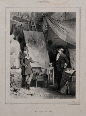 view An artist discussing a painting with a client; the client is an older man with an irate expression. Lithograph by J. David, 1838.