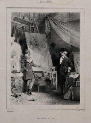 An artist discussing a painting with a client; the client is an older man with an irate expression. Lithograph by J. David, 1838.