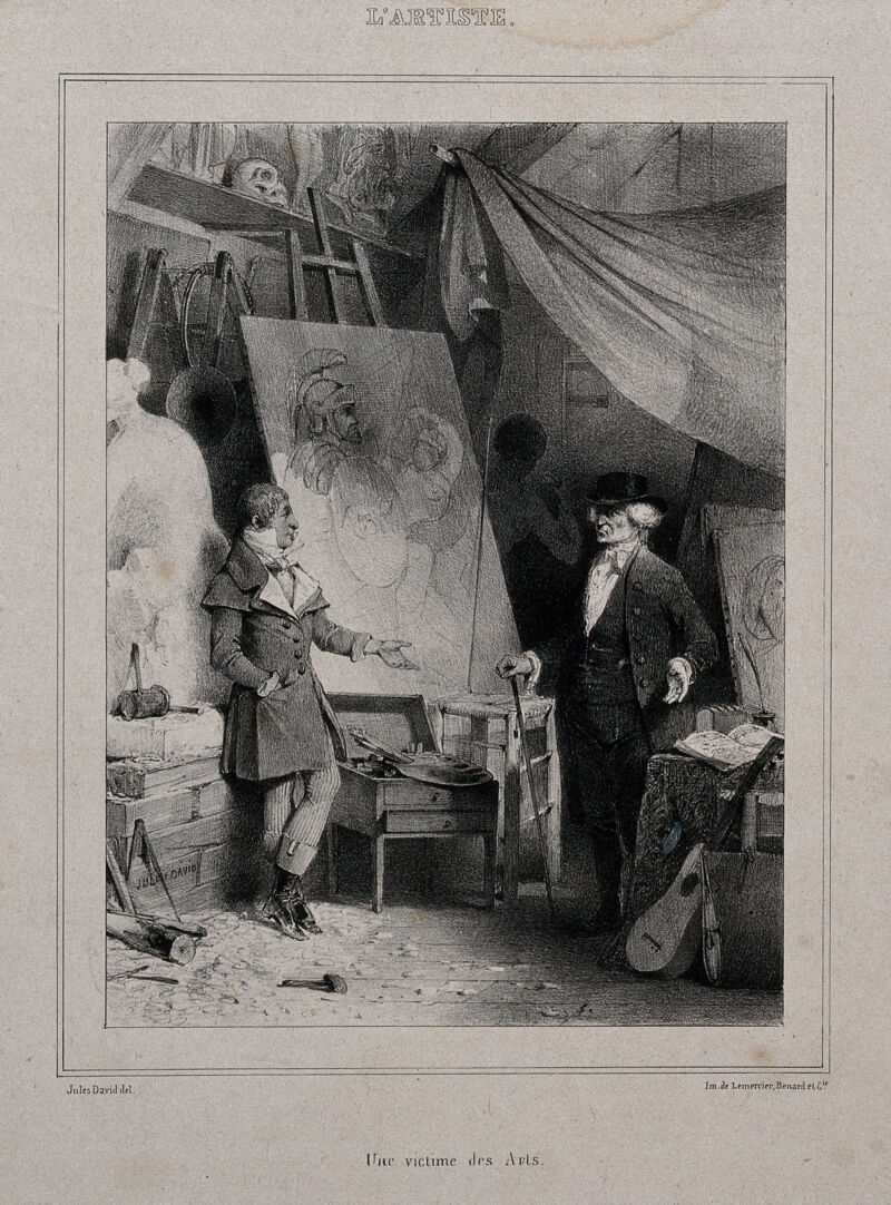 An artist discussing a painting with a client; the client is an older man with an irate expression. Lithograph by J. David, 1838., [1838], by Jules David