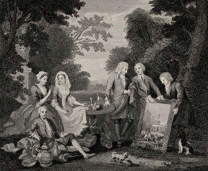 A group of female and male figures in a landscape studying a painting. Engraving.