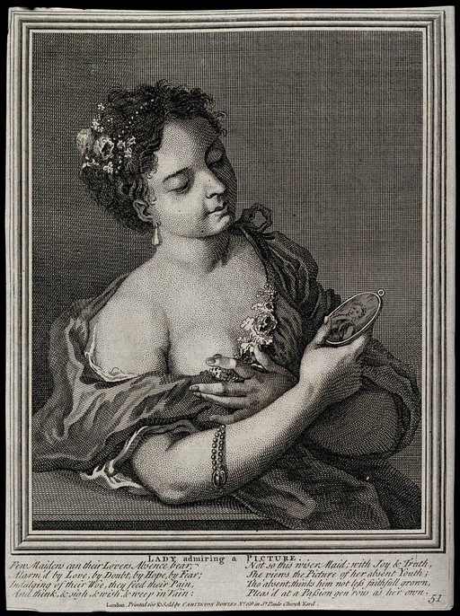 A woman in a shift contemplating the image of her lover. Engraving.
