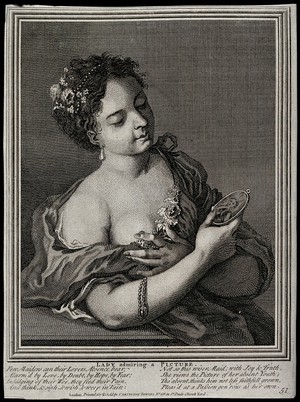 view A woman in a shift contemplating a miniature painting of her lover. Engraving.