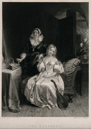 view A standing woman showing a portrait miniature to a young seated woman. Engraving by J.H. Robinson, 1838, after L. Sharpe.