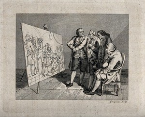 view Four men of different temperaments looking at a painting of a dying man. Engraving by Grignion after D. Chodowiecki.