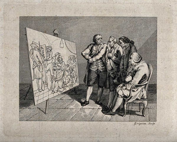 Four men of different temperaments looking at a painting of a dying man. Engraving by Grignion after D. Chodowiecki.