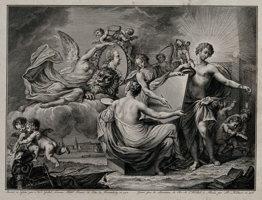 Allegorical figures, including Apollo; one supports a portrait roundel with attributes of the fine arts and of war; a view of a city beyond. Engraving by B. Hübner, 1776, after N. Guibal.