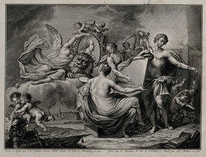 view Allegorical figures, including Apollo: one supports a portrait roundel of Karl Theodor, Elector Palatine, with attributes of the fine arts and of war; a view of a city beyond. Engraving by B. Hübner, 1776, after N. Guibal.