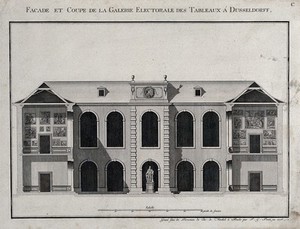 view The electoral picture gallery at Düsseldorf: fącade elevation and cross-section of the wings. Engraving by P.G. Pintz, 1776.
