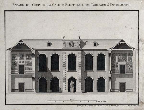 The electoral picture gallery at Düsseldorf: fącade elevation and cross-section of the wings. Engraving by P.G. Pintz, 1776.