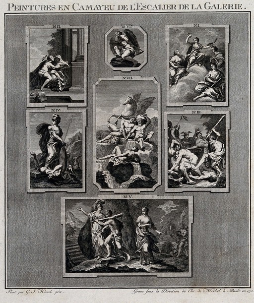 Seven paintings on the staircase at the electoral picture gallery in Dusseldorf. Engraving, 1775, after G.J. Karsch.