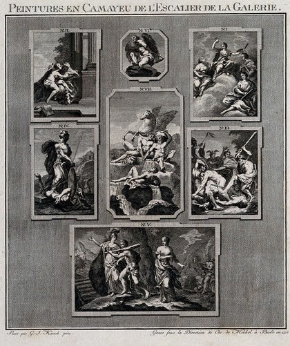 The electoral picture gallery at Düsseldorf: seven paintings on the staircase. Engraving, 1775, after G.J. Karsch.