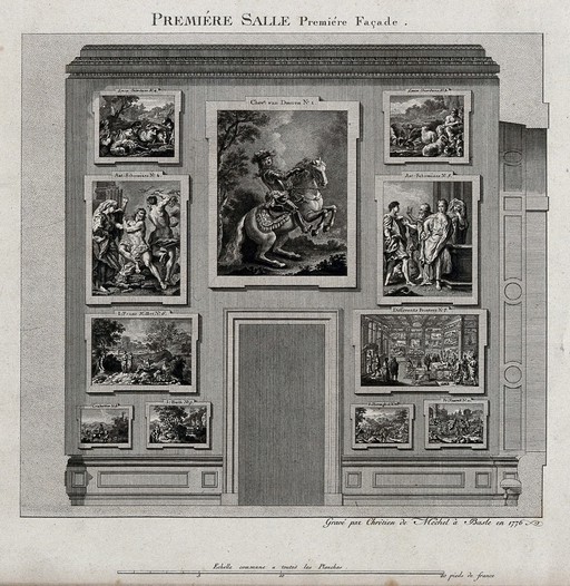 Paintings on one of the walls in the first gallery of the electoral picture gallery in Dusseldorf. Engraving by C. von Mechel, 1776.