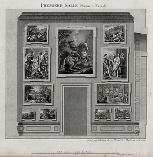 view The electoral picture gallery at Düsseldorf: paintings on one of the walls in the first gallery. Engraving by C. von Mechel, 1776.