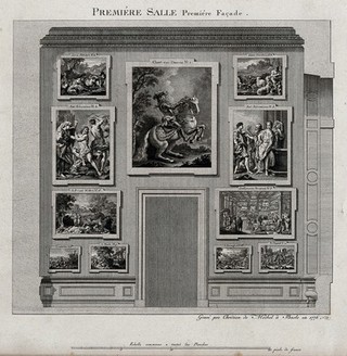 The electoral picture gallery at Düsseldorf: paintings on one of the walls in the first gallery. Engraving by C. von Mechel, 1776.