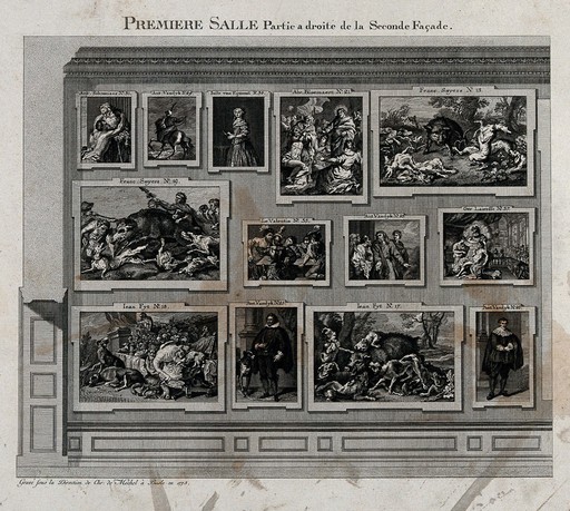 Paintings on one of the walls in the first gallery of the electoral picture gallery at Dusseldorf. Engraving, 1775.