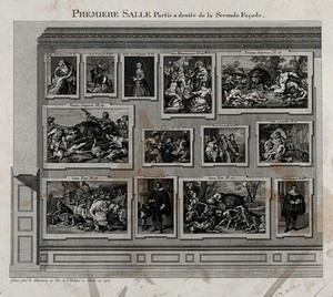 view The electoral picture gallery at Düsseldorf: paintings on one of the walls in the first gallery. Engraving, 1775.