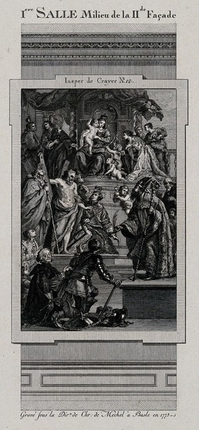 The electoral picture gallery at Düsseldorf: paintings in the first gallery. Engraving, 1775.