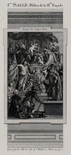 view The electoral picture gallery at Düsseldorf: paintings in the first gallery. Engraving, 1775.