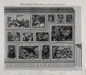 view The electoral picture gallery at Düsseldorf: paintings in the first gallery. Engraving, 1775.