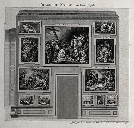 Paintings in the first gallery of the electoral picture gallery in Dusseldorf. Engraving, 1775.