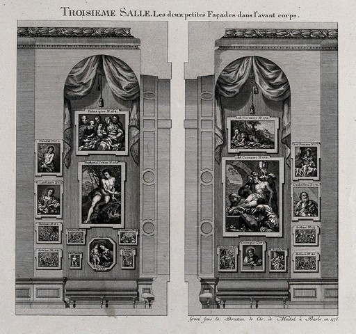 Paintings on two walls in the third gallery of the electoral picture gallery. Engraving, 1776.