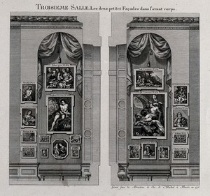 view The electoral picture gallery at Düsseldorf: paintings on two walls in the third gallery. Engraving, 1776.