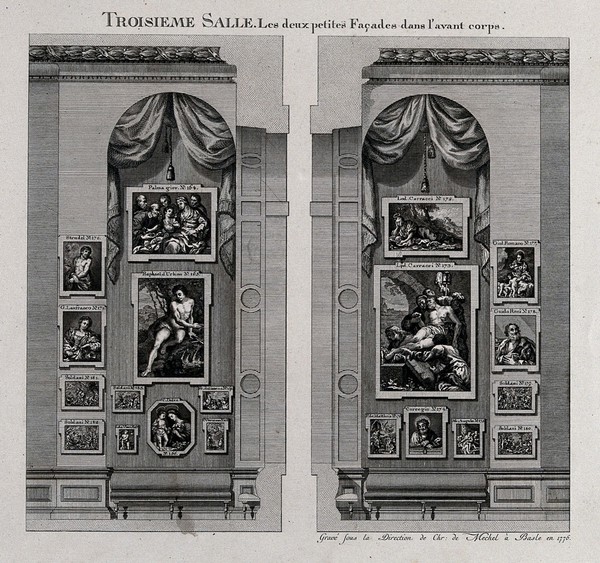 The electoral picture gallery at Düsseldorf: paintings on two walls in the third gallery. Engraving, 1776.