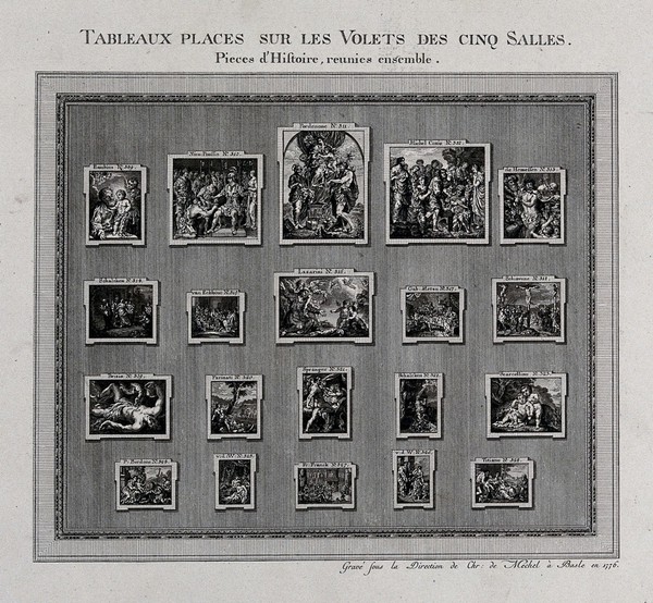 The electoral picture gallery at Düsseldorf: paintings placed on the shutters in the first galleries. Engraving, 1776.