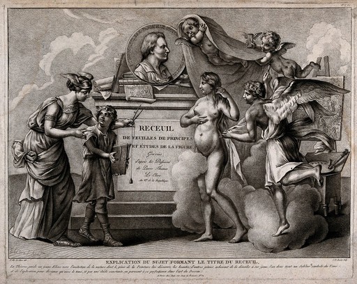 A female allegorical figure of theory guiding a young boy towards a nude female figure representing Nature, who is revealed by the winged figure of painting. Crayon manner print by J.B. Lucien, 1795, after P.T. Le Clerc.
