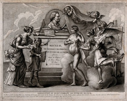 A female allegorical figure of theory guiding a boy towards a nude female figure representing Nature, who is revealed by the winged figure of painting. Crayon manner print by J.B. Lucien, 1795, after P.T. Le Clerc.