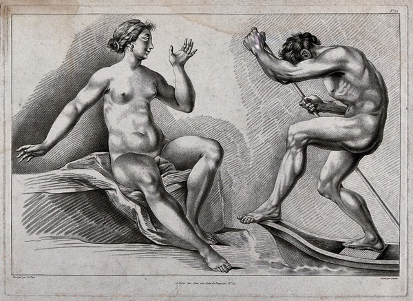 A seated female nude figure and a male nude figure punting in a boat. Crayon manner print by J.B. Lucien, 1798, after P.T. Le Clerc.