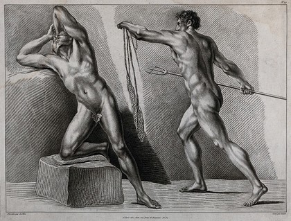 Two male nude figures, one throwing his head back, while the second advances holding a trident and a net. Crayon manner print by J.B. Lucien, 1798, after P.T. Le Clerc.