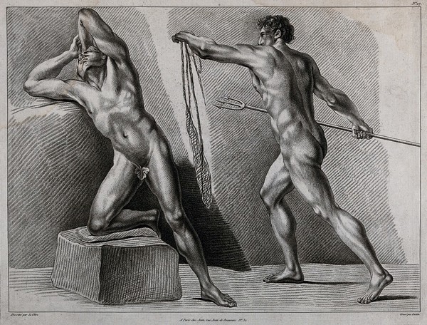 Two male nude figures, one throwing his head back, while the second advances holding a trident and a net. Crayon manner print by J.B. Lucien, 1798, after P.T. Le Clerc.