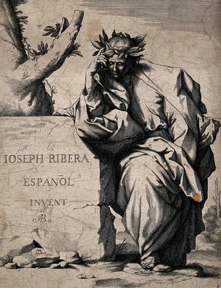 The melancholic figure of a poet leaning on an inscribed block of stone. Engraving by A.B., 16--, after J. de Ribera, ca. 1620.