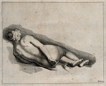 A reclining female nude seen from behind. Engraving.