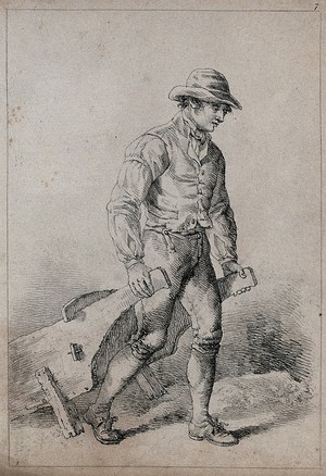 view A man pulling a wheelbarrow. Lithograph, 1813.