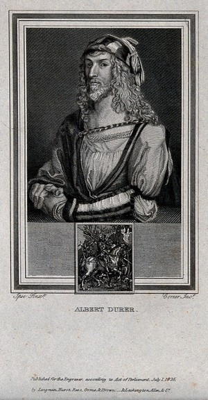 view Albrecht Dürer with a reversed copy of Dürer's print of a knight, death and the devil beneath. Engraving by J. Corner, 1825, after A. Dürer.