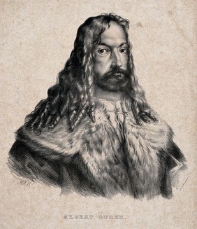 Albrecht Dürer in a fur-collared coat. Lithograph by Engelmann.