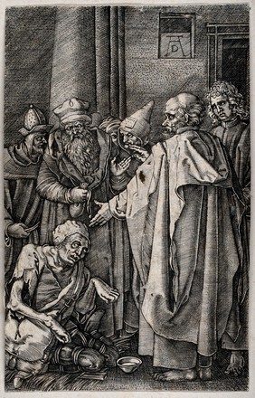 Saint Peter and Saint John healing the lame. Etching after A. Dürer.