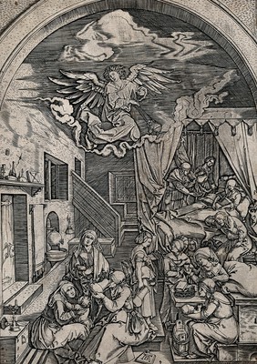 The birth of the Virgin: Saint Anne in bed receiving attention while others attend to the infant Virgin Mary, overlooked by an angel swinging a censer. Engraving by M.A. Raimondi after A. Dürer.