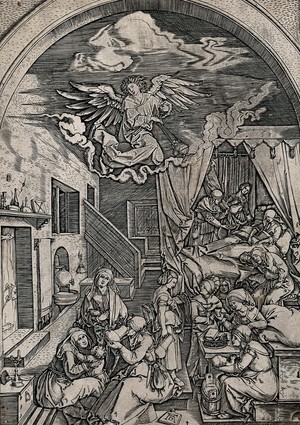 view The birth of the Virgin: Saint Anne in bed receiving attention while others attend to the infant Virgin Mary, overlooked by an angel swinging a censer. Engraving by M.A. Raimondi after A. Dürer.