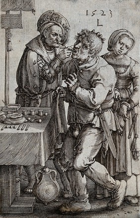 A surgeon extracting a tooth from the mouth of a young man while a young woman picks the patient's purse. Engraving by L. van Leyden, 1523.