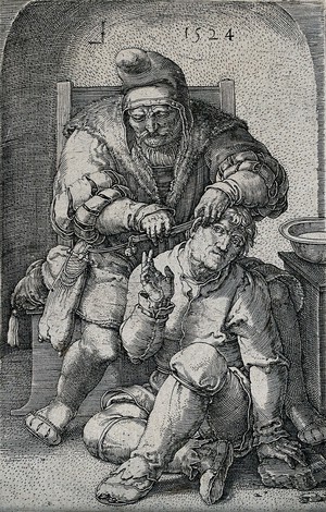 view A seated surgeon cutting behind the ear of a younger man seated at his feet. Engraving by L. van Leyden, 1524.