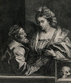 An elderly bearded man (the painter Titian?) places his right hand on the abdomen of a young woman who leans on a box containing a skull. Etching by A. van Dyck.