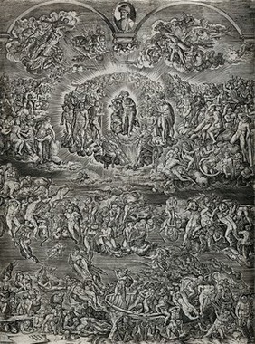 The Last Judgment with a portrait of Michelangelo set into fictive framing arch. Engraving by J. Wierix after M. Buonarroti.