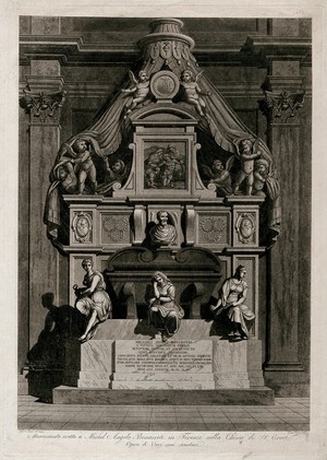 view The tomb of Michelangelo Buonarroti in the church of Santa Croce, Florence. Etching by G. Pera, 180-, after C. Rossi-Melocchi.