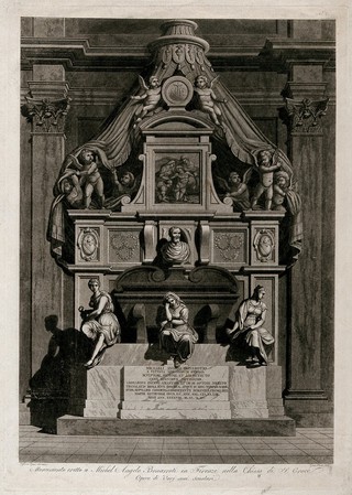 The tomb of Michelangelo Buonarroti in the church of Santa Croce, Florence. Etching by G. Pera, 180-, after C. Rossi-Melocchi.
