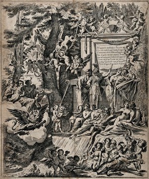 view The arrival of a purple griffin, representing Cardinal Franciotti, is greeted in Lucca by virtues, a river god accompanied by naiads, and genii. Etching after P. Testa.